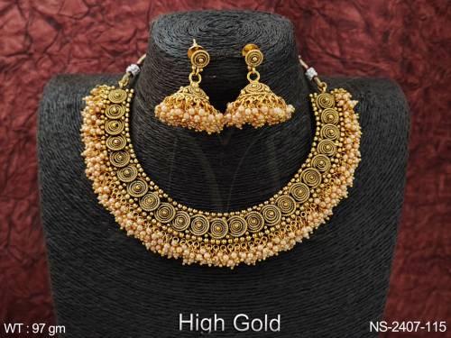 High Gold Polish Fancy Style Party wear Beautiful Antique Jewellery Clustered Pearl Party wear Choker Necklace Set     